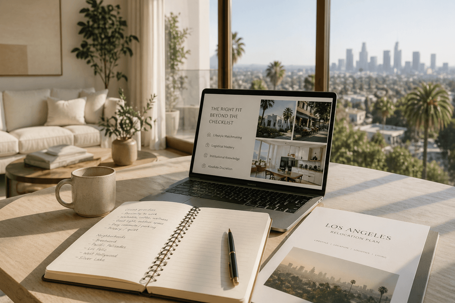 Los Angeles relocation planning scene with laptop, notes, and skyline view