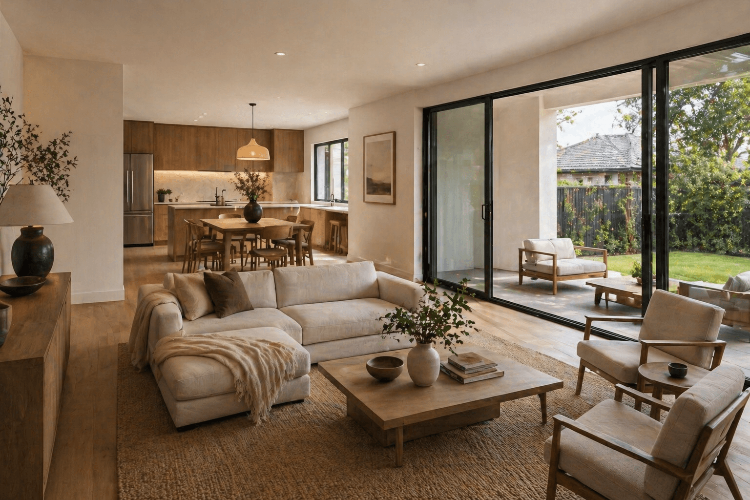 Calm modern Los Angeles living space with wide glass doors and warm finishes